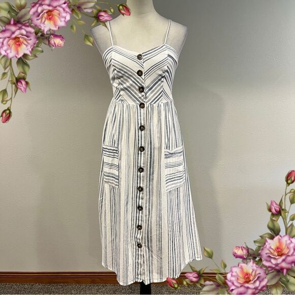 Japan Striped White and Blue Button-Down midi Dress size medium - Picture 1 of 11